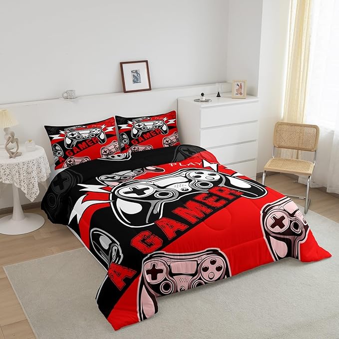 Erosebridal Gaming Bedding Sets for Boys Gamer Comforter Set Queen Size,Video Gaming Bedding Set Game Console Kids Comforter Sets 3Pcs Gamer Room Decor,Red Black