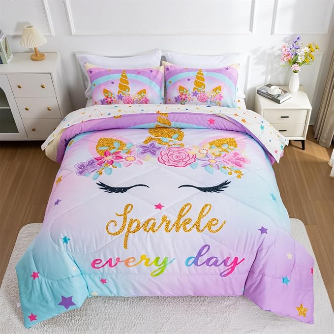 NTBED Unicorn Twin Comforter Set with Sheets,5 Pieces Kids Bedding Sets for Girls, Lightweight Microfiber Star Rainbow Bed in a Bag,Blue Purple