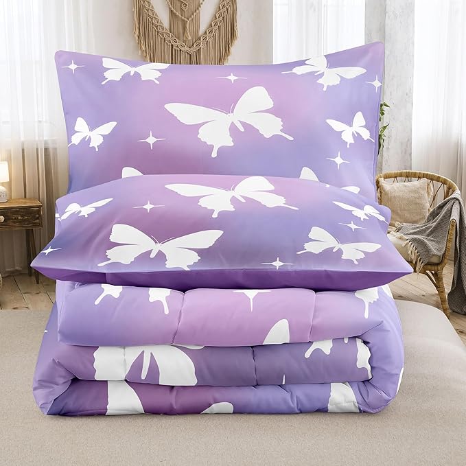 Tailor Shop Butterfly Comforter Sets King Size,Purple Butterfly Bedding Sets for Girls Kids Teens with 2 Pillowcase…