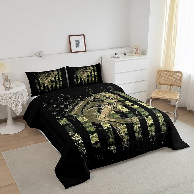 Green Black Camouflage Comforter Set Fish Camo American Flag Bedding Set for Women Men Room Farmhouse Fishing Decor Comforter Wild Quilted Set 3Pcs Queen Size