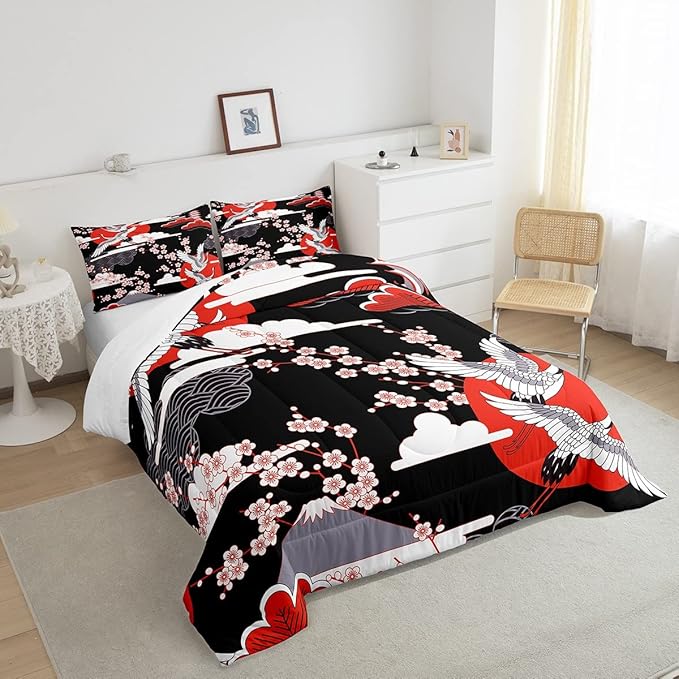 Japanese-Style Comforter Set King Size Pink Cherry Blossoms Bedding for Boys Girls Women Soft Microfiber 3 Pieces Quilted Duvet Ukiyoe Theme Down Comforter Japanese Traditional Pattern Quilt