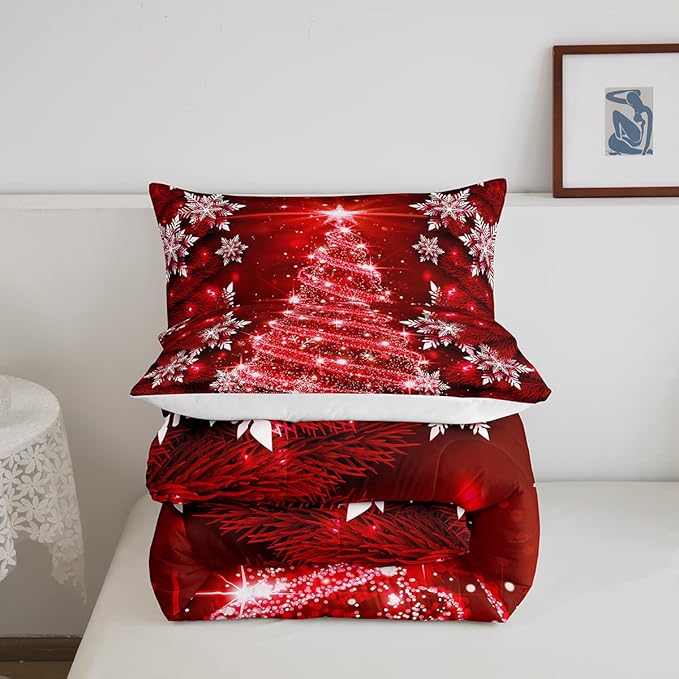 Christmas Tree Comforter Set for Children Kids Boys Girls Luxury Chic Xmas Theme Bedding Set Glitter Snowflake Star Comforter Microfiber Red Duvet Set Room Decor Quilt Set Full Size