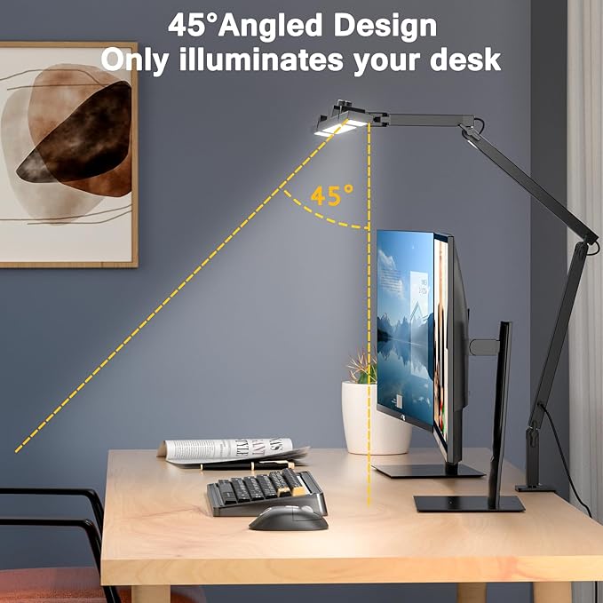 Led Desk Lamp for Office Home, Architect Desk Lamp with Clamp, Ultra Bright Dimmable Table Light, Stepless Dimming and Tempering Desk Light for Workbench Drafting Reading Study (Black)