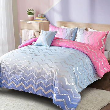 Girls Comforter Set Twin Size Ombre Pink Purple Bedding Rainbow Comforter for Kids Teen Women,3 Pieces (1 Comforter,1 Pillowcase,1 Decorative Pillow Sham)