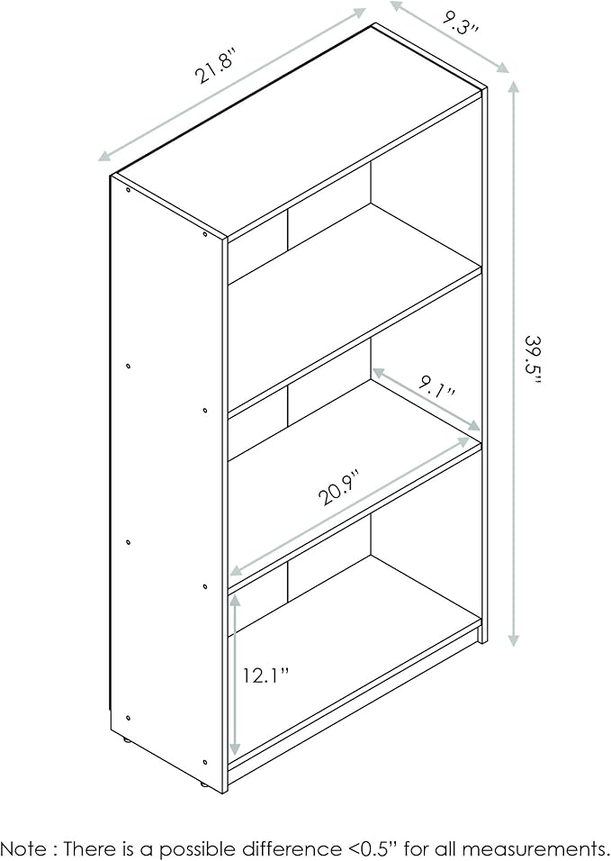 Furinno Basic 3-Tier Bookcase Storage Shelves, Dark Walnut