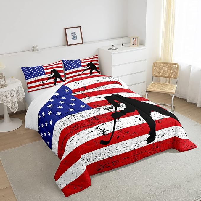 Erosebridal American Flag Comforter Set Full, Hockey Bedding Set United States Sports Games Down Comforter for Kids Boys Teens Bedroom, Red White Geometric Stripes Duvet Sets with 2 Pillowcases