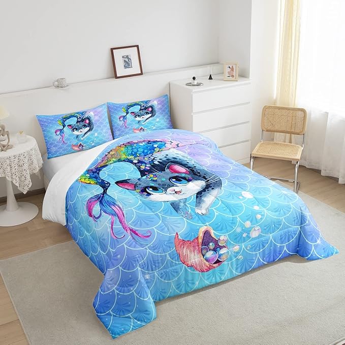 Rainbow Cartoon Cat Bed Sheet Set Colorful Mermaid Comforter Set for Kids Boys Girls Teens Room Decor Blue Mermaid Scales Bedding Set Set Ocean Gradient Bed Cover 3Pcs Full Size Boys