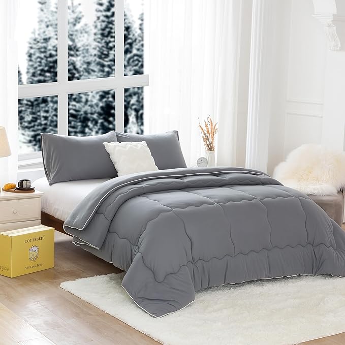COTTEBED Ultra-Soft Warm Comforter Set Queen/Full Size Bed, Thick Milk Cup Breathable Fluffy Bedding Down Alternative & Pillowcase for Man Women Girl Winter Dark Grey