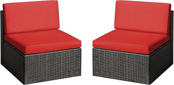 Greesum 2 Piece Patio Conversation Set Wicker Rattan Furniture Outdoor Sofa with Cushions,Pillows and Glass Table for Porch,Lawn and Yard, Red