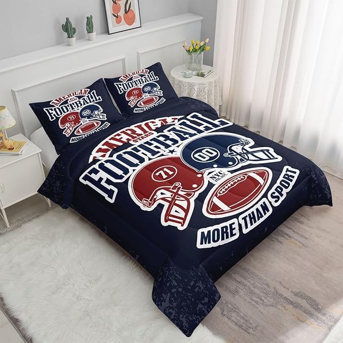 Datura home American Football Comforter Set Vintage Navy American Football Printed Quilt Bedding Set with 1 Comforter and 2 Pillowcases for Boys and Girls Bedroom All Season(Football Navy Full)
