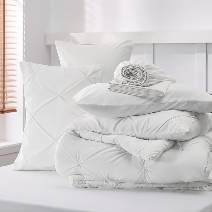 Bedsure California King Comforter Set - Cal King Bed Set 7 Pieces, Pinch Pleat White Cali King Bedding Set with Comforter, Sheets, Pillowcases & Shams