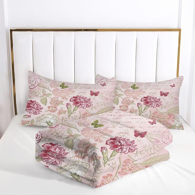 kxry Pink Flower Comforter Sets Butterfly Bedding Sets Twin Size Comforter Set for Girls Women Kids 1 Comforter + 1 Pillow Case
