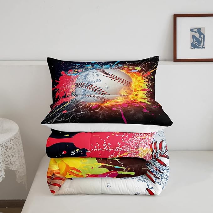 Baseball Queen Comforter Set For Boys,Tie Dye Baseball Sports Bedding Set Red Blue Fire Water Lightning Duvet Insert For All Season,Sports Baseball Quilt Soft Lightweight Bedroom Decor 2 Pillow Cases