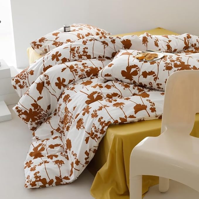 Botanical Comforter Set King White and Pumpkin Floral Plant Bedding Comforter Set Girls Garden Pattern Printed on White Blanket Rustic Leaf Blossom Women White Farmhouse Comforter King
