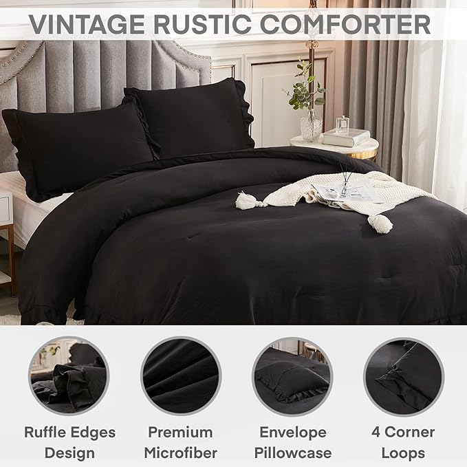 Andency Black Full Size Comforter Set, 3 Pieces Ruffle Farmhouse Shabby Chic Bedding Comforter & Sets, Soft Lightweight Fluffy All Season Down Alternative Bed Set for Boys Kids Men Women