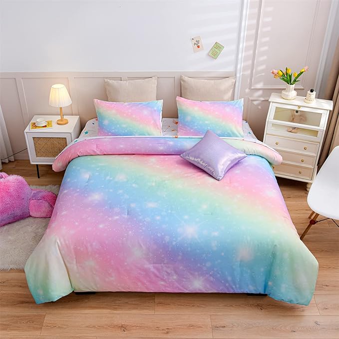 A Nice Night 6Pcs Gradient Glitter Bedding Set for Girls Twin Size, Colorful Rainbow Galaxy Comforter Set, Ultra Soft Bedding Sets, Pink