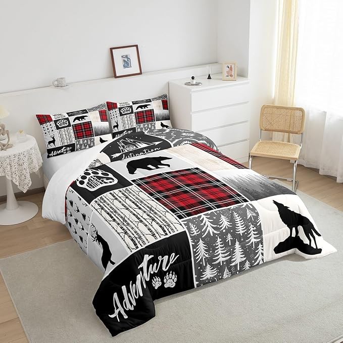 Deer Antlers Comforter Set Full Size,Bear Paws Pine Trees Xmas Bedding Set for Kids Boys Girls Adults Room Decor,Lattices Patchwork Rustic Farmhouse Down Comforter,Red Duvet Insert,2 Pillowcases