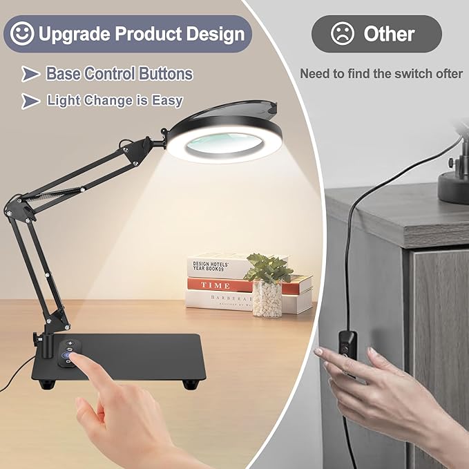 Magnifying Glass with Light with Base Controler, 5 Color Modes Stepless Dimmable LED Lighted Desk Lamp,Magnifying Glass with Light and Stand, Hands-Free Desk Magnifier Light for Craft Hobby Painting