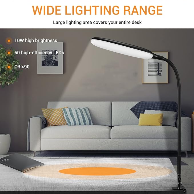 LED Desk Lamp with Clamp, 10W Flexible Gooseneck Swing Arm Clip Lamp with USB Plug, 3 Color Modes, 30 Brightness Levels, Eye-Caring Portable Desk Light for Home Office Reading Working (Black)