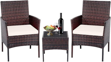 Patio Set 3 Piece Outdoor Rattan Porch Furniture with Tempered Glass Side Table & Cushion All Weather Conversation Bistro Set for Balcony,Deck,Porch (Brown/Beige)
