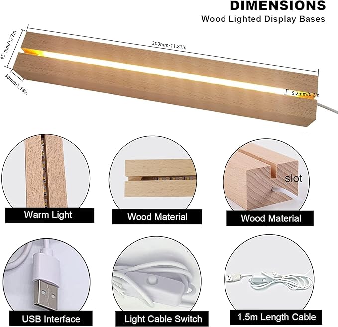 LED Light Display Base, 2 pcs 11.81 Inch Wooden LED Light Base for Acrylic, Rectangle Wood Display Pedestal, 3D Crystal Light Base For Glass Art, Wood Night LED Light Lamp Base with Usb Switch