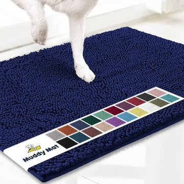 Muddy Mat® Original Dog Door Mat for Muddy Paws, Super Absorbent Microfiber, Non-Slip Washable Pet Rug, Quick Dry Chenille Entryway Carpet, Machine Washable Indoor Outdoor mat, Navy Blue 36"x120"
