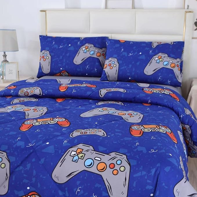 3PCS Blue Gamer Twin Comforter Set for Boys Girls Teens and Kids, Microfiber Gaming Twin Bed Comforter, Lightweight and Fade Resistant, Twin