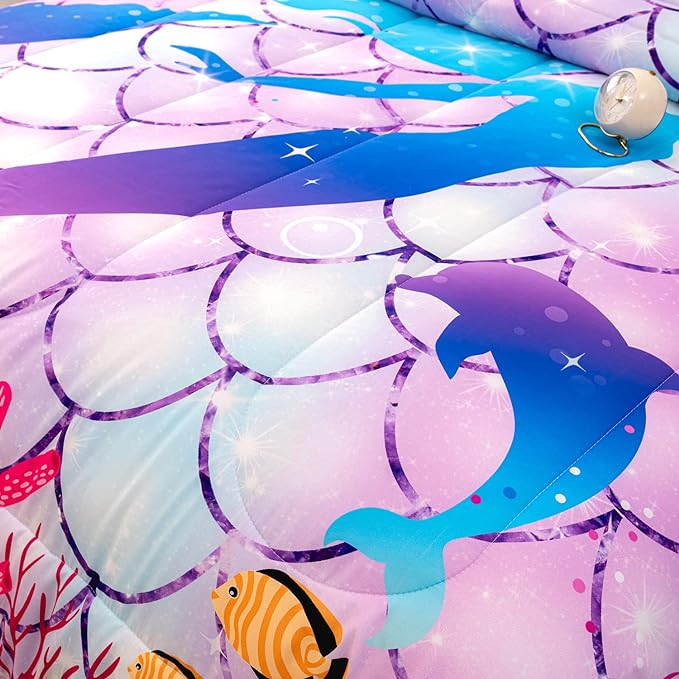 CVHOUSE Mermaid Comforter Set,Rainbow Mermaid Bedding Set for Girls Kids Teens,Rainbow Mermaid Comforter Mermaid Duvet Set Room Decor Quilt Set Full Size