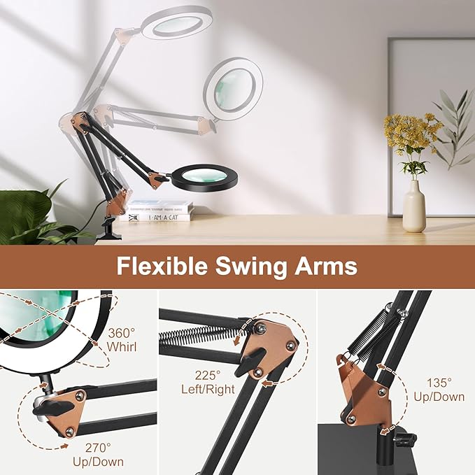 Magnifying Glass with Light, 5 Color Modes Stepless Dimmable 2-in-1 Desktop Lamp and Clamp, LED Lighted Magnifier with Light and Stand, Hands Free for Craft Repair Hobby Painting Close Work
