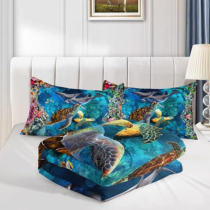 CVHOUSE Sea Turtle Comforter Set,Ocean Sea Turtle Bedding Set for Kids Teens,Ocean Sea Turtle Comforter Sea Turtle Duvet Set Room Decor Quilt Set Queen Size