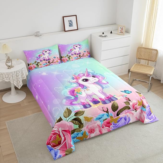 Cartoon Unicorn Kids Comforter Set King Size,Rose Flowers Butterfly Leaves Bedding Set,Girls Women Room Decor,Starry Sky Unicorn Cute Down Comforter,Pink Purple Romantic Duvet Insert,2 Pillowcases