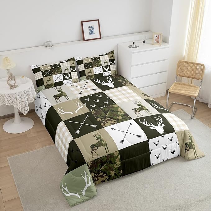 Camo Deer Antlers Kids Comforter Set Twin Size,Wildlife Arrows Geometric Plaids Patchwork Bedding Set,Girls Boys Adults Cabin Decor,Rustic Adventure Down Comforter,Camo Duvet Insert,2pcs,1 Pillowcase