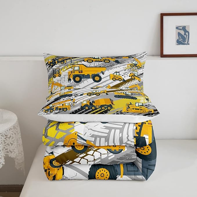 Boys Construction Comforter Set Truck Bedroom Decor for Kids Girls Under Construction Vehicles Down Comforter Toddler Child Cartoon Machinery Truck Excavator Bedding Tractor Cars Duvet Quilt,Queen