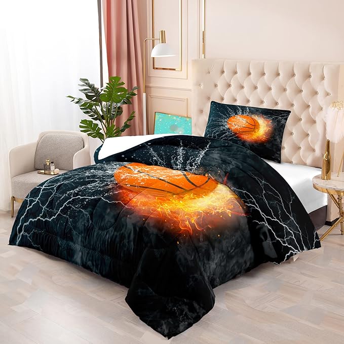 Basketball Comforter Set Twin, Sports Basketball Bedding for Boys Kids Teens Bedroom Orange Basketball Ice Fire Twin Size Comforter Set for Boys 2 Pieces(1 Comforter 1 Pillowcase)