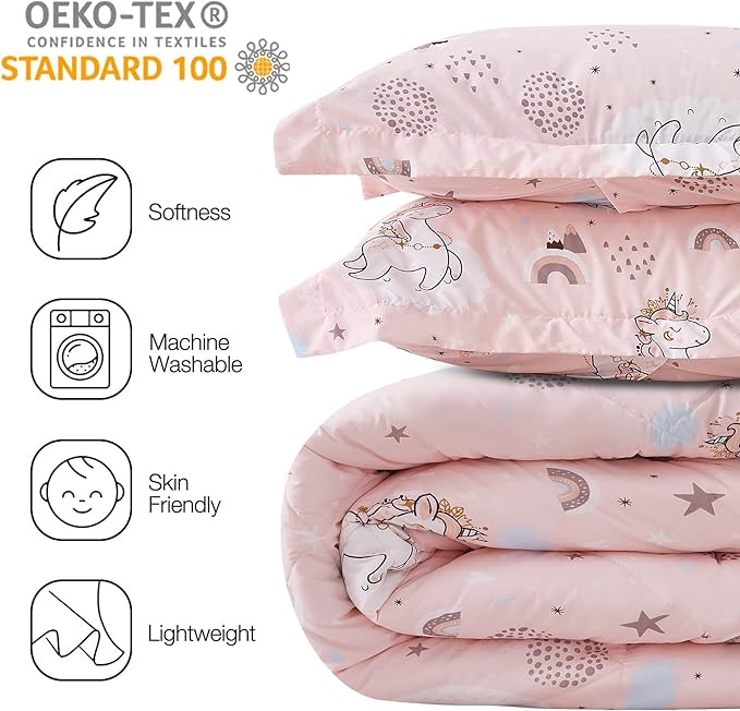 JSD Pink Unicorn Kids Comforter Set for Girls, 3 Pieces Full Microfiber Comforter with Pillow Sham, Soft Comfortable Machine Washable