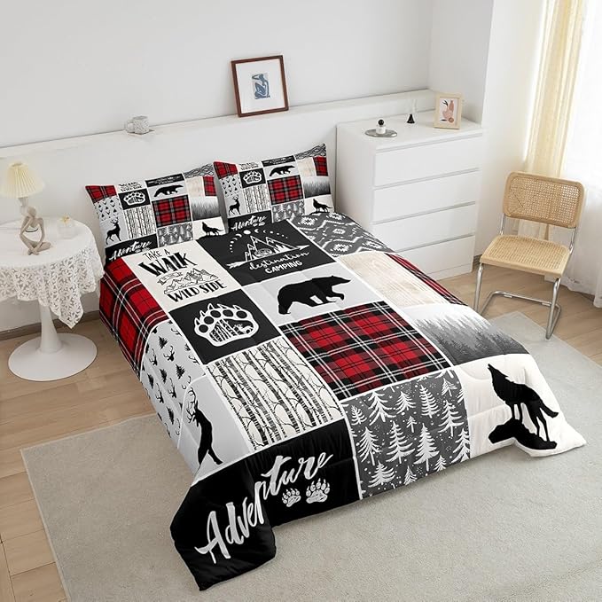 Deer Antlers Comforter Set Full Size,Bear Paws Pine Trees Xmas Bedding Set for Kids Boys Girls Adults Room Decor,Lattices Patchwork Rustic Farmhouse Down Comforter,Red Duvet Insert,2 Pillowcases