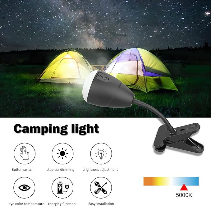Afirst Clip on Light Outdoor Camping Light LED Clamp Lamp for Desk 4400mAh, Rechargeable Flexible Dimmable Lighting Reading Study Table Lamp, 11 Inches