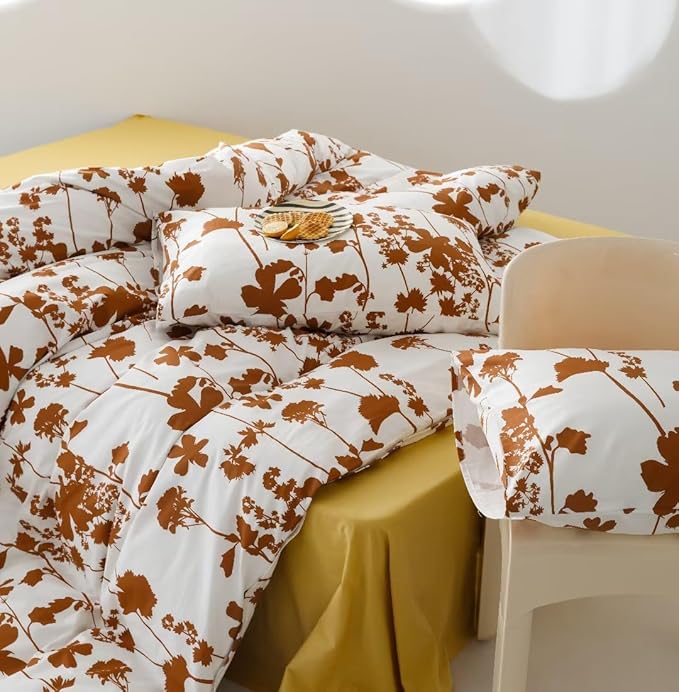 Botanical Comforter Set King White and Pumpkin Floral Plant Bedding Comforter Set Girls Garden Pattern Printed on White Blanket Rustic Leaf Blossom Women White Farmhouse Comforter King