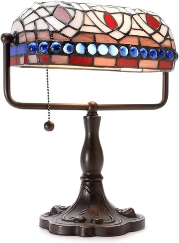 Warehouse of Tiffany KS20+MB50 12-inch Stained Glass Blue Gemstones Desk Lamp, Brown
