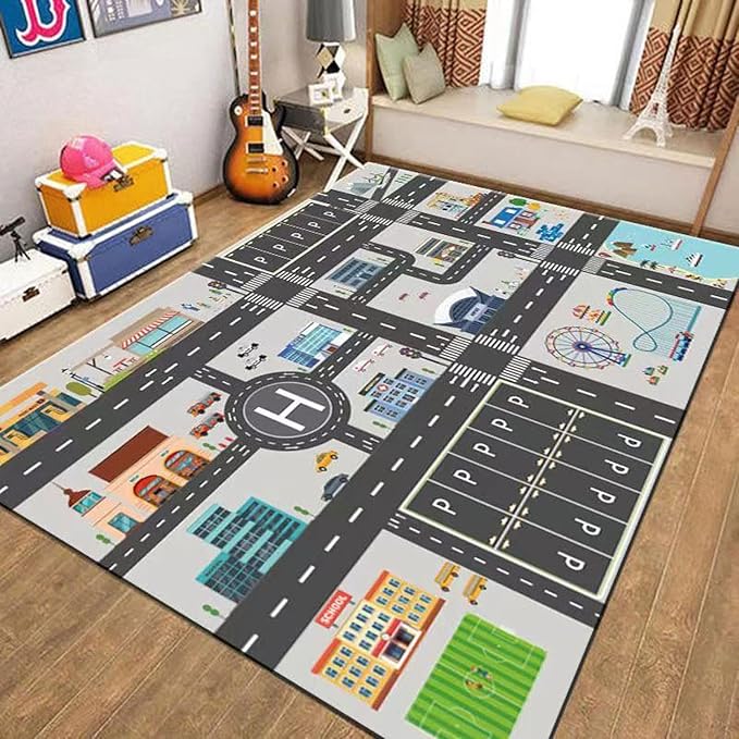 Kids Rug Play Mat Great for Playing with Cars and Toys,Educational Kid Road and Traffic City Life Carpet,Children Baby Fun Throw Rug for Bedroom Play Room,47X63Inch/120X160CM