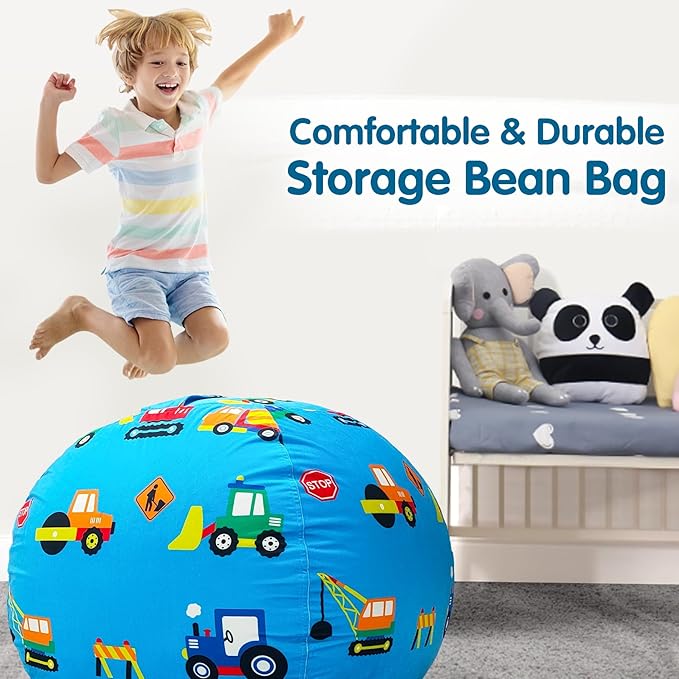 Lukeight Stuffed Animal Storage Bean Bag Chair Cover for Kids, Zipper Beanbag Chair Cover for Organizing Toddler & Kids' Rooms Plush Toys (Construction Velvet, XX-Large)