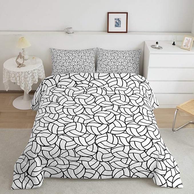 Feelyou Full Size Volleyball Bedding Set Boys Girls Sports Game Comforter Set for Kids Women Men Ultra Soft Volleyball Player Comforter Black White Duvet Set Room Decor Quilt Set