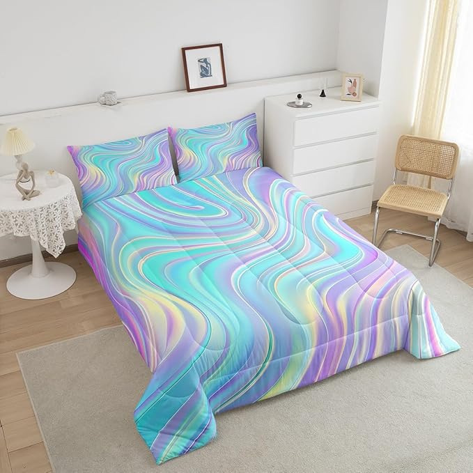 Pastel Rainbow Comforter Set with Pillowcases Abstract Wave Stripes 3D Printed Designs 3 Piece Bedroom Duvet Set Psychedelic Girl Bed Down Comforter for Kids Women Dorm Room (Queen,Coulourful Marble)