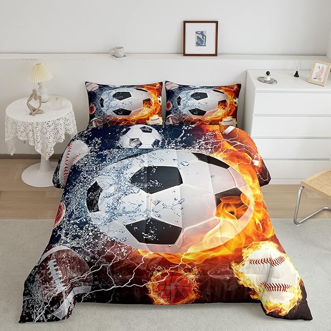 Erosebridal Boys Soccer Bedding Set Football Sports Twin Comforter Set for Kids Teens Youth Bedroom Decor Lightning Baseball Quilt Duvet Water Fire Basketball Comforter with 1 Pillow Case Red Blue