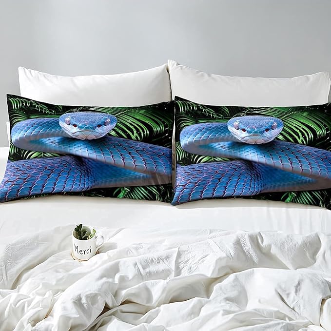 Erosebridal Snake Comforter Set King, Blue Snake Duvet Set, 3D Reptile Bedding Comforters, Blue Scales Quilt Set, Palm Leaf Wild Animal Stylish Quilted Duvet for Kids Boys Teens Man Bedroom Decor
