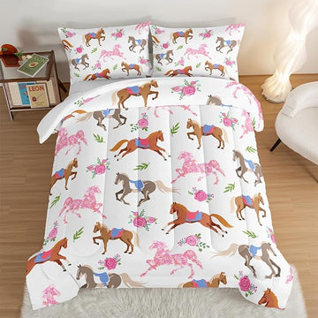 HOSIMA Kawaii Pink Rose Horse King Size Comforter Set,Cute Animal Horse Bedding Girls Teens Aesthetic Room Decor,Princess Toddler Bedding Set Cowboy Cowgirl Colorful Pony Comforter.