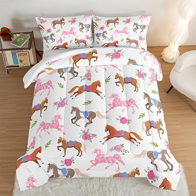 HOSIMA Kawaii Pink Rose Horse King Size Comforter Set,Cute Animal Horse Bedding Girls Teens Aesthetic Room Decor,Princess Toddler Bedding Set Cowboy Cowgirl Colorful Pony Comforter.