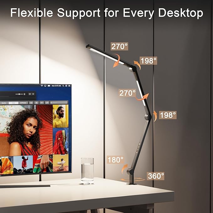 LED Desk Lamp with Clamp, Adjustable Swing Arm, Dual Light Sources, Stepless Dimming, Modern Table Light for Home Office, Work, Study, Flexible, Eye-Caring Clip-on Desk Light