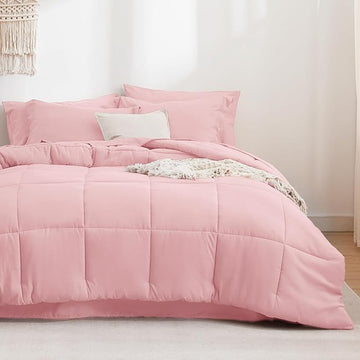 Bedsure Pink King Size Comforter Set - 7 Pieces Solid King Bed in a Bag, King Bed Set Pink with Comforters, Sheets, Pillowcases & Shams