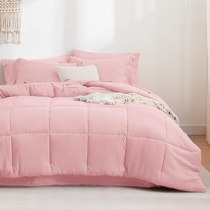 Bedsure Pink Queen Comforter Set - 7 Pieces Solid Queen Bed in a Bag, Queen Bed Set Pink with Comforters, Sheets, Pillowcases & Shams